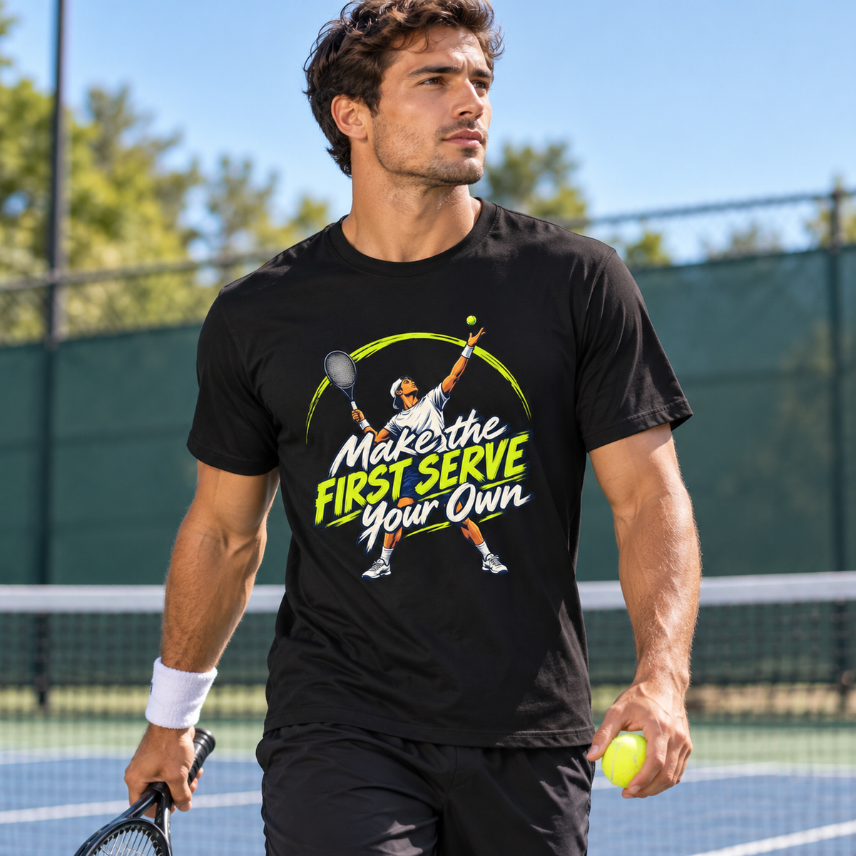 Male lifestyle mockup — Make the First Serve Your Own T-Shirt