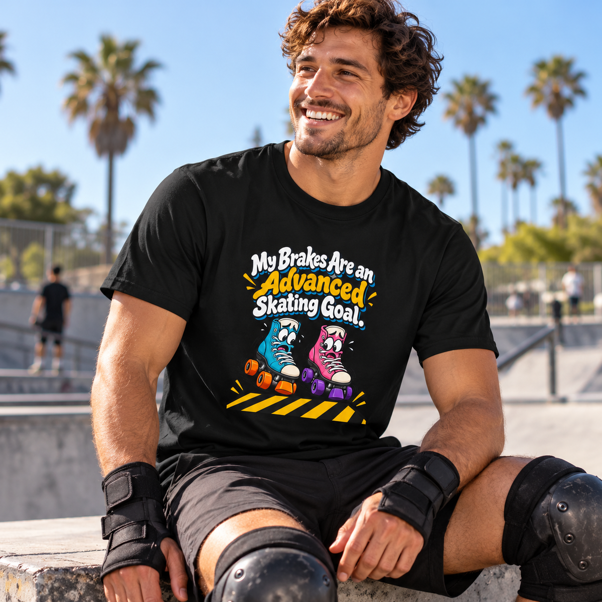 Male lifestyle mockup — My Brakes Are an Advanced Skating Goal T-Shirt