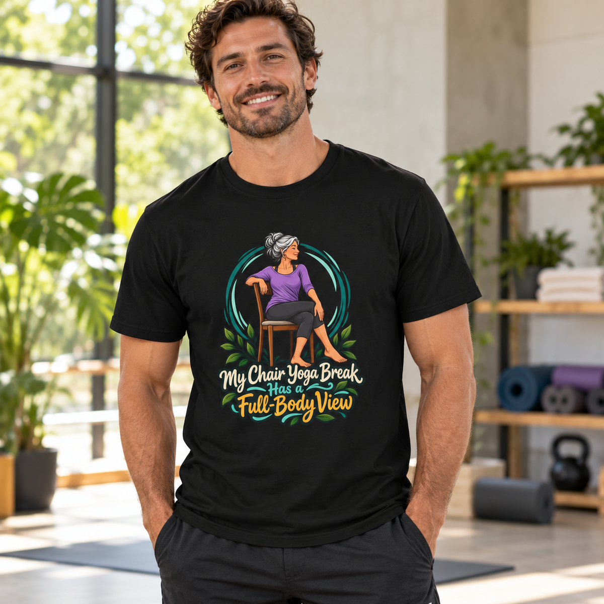 Male lifestyle mockup — My Chair Yoga Break Has a Full-Body View T-Shirt