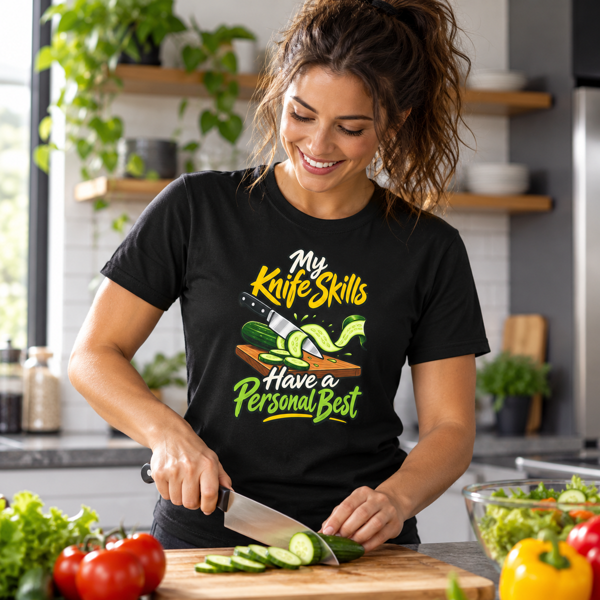 Female lifestyle mockup — My Knife Skills Have a Personal Best T-Shirt