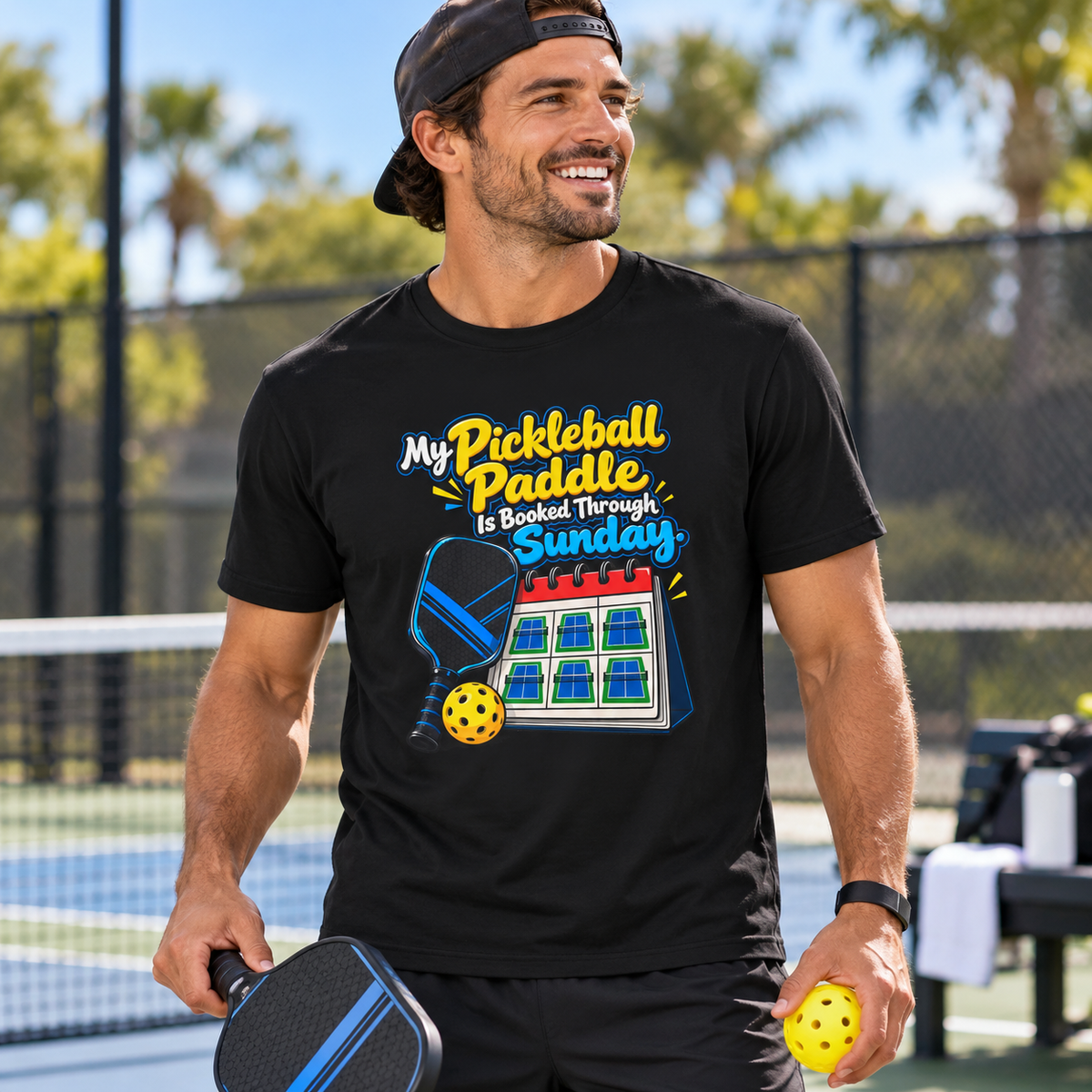 Male lifestyle mockup — My Pickleball Paddle Is Booked Through Sunday T-Shirt