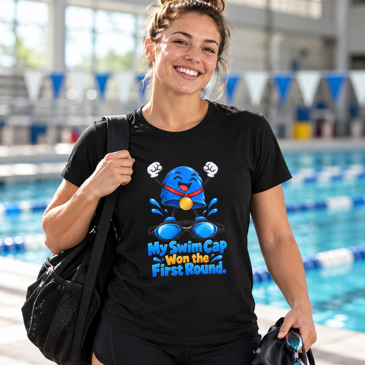 Female lifestyle mockup — My Swim Cap Won the First Round T-Shirt