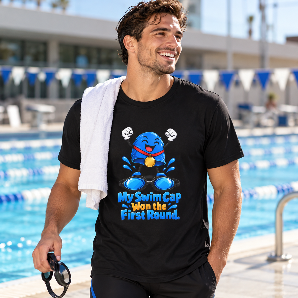 Male lifestyle mockup — My Swim Cap Won the First Round T-Shirt