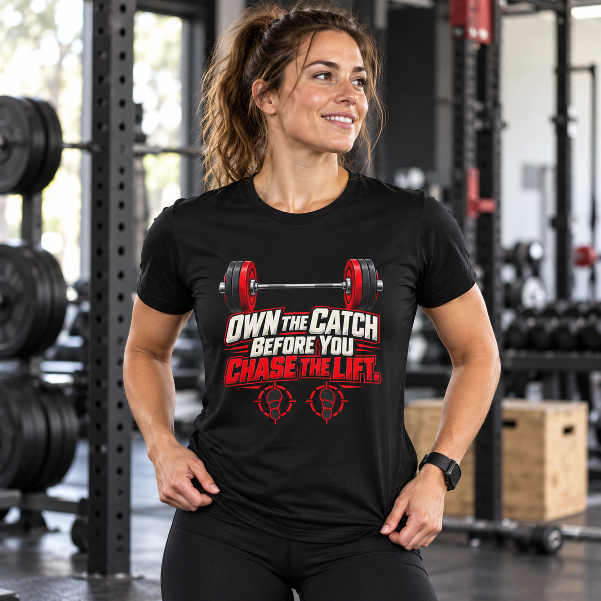 Female lifestyle mockup — Own the Catch Before You Chase the Lift T-Shirt