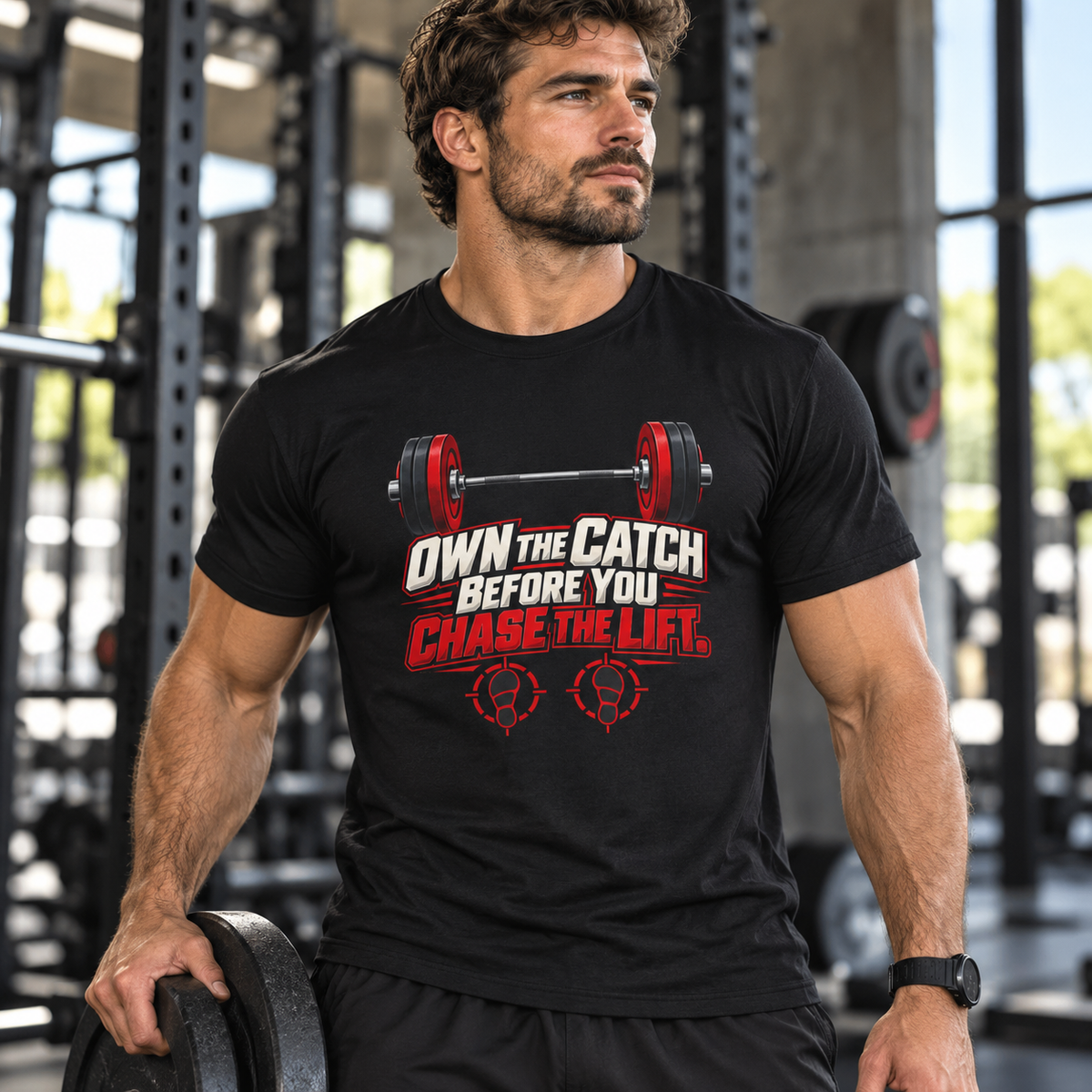 Male lifestyle mockup — Own the Catch Before You Chase the Lift T-Shirt