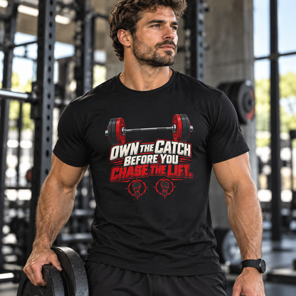 Male lifestyle mockup — Own the Catch Before You Chase the Lift T-Shirt