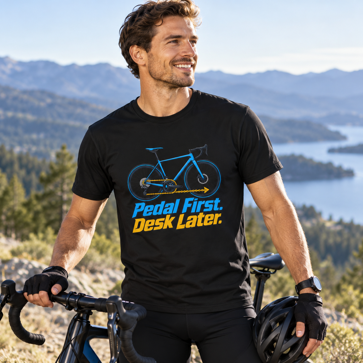 Male lifestyle mockup — Pedal First Desk Later T-Shirt