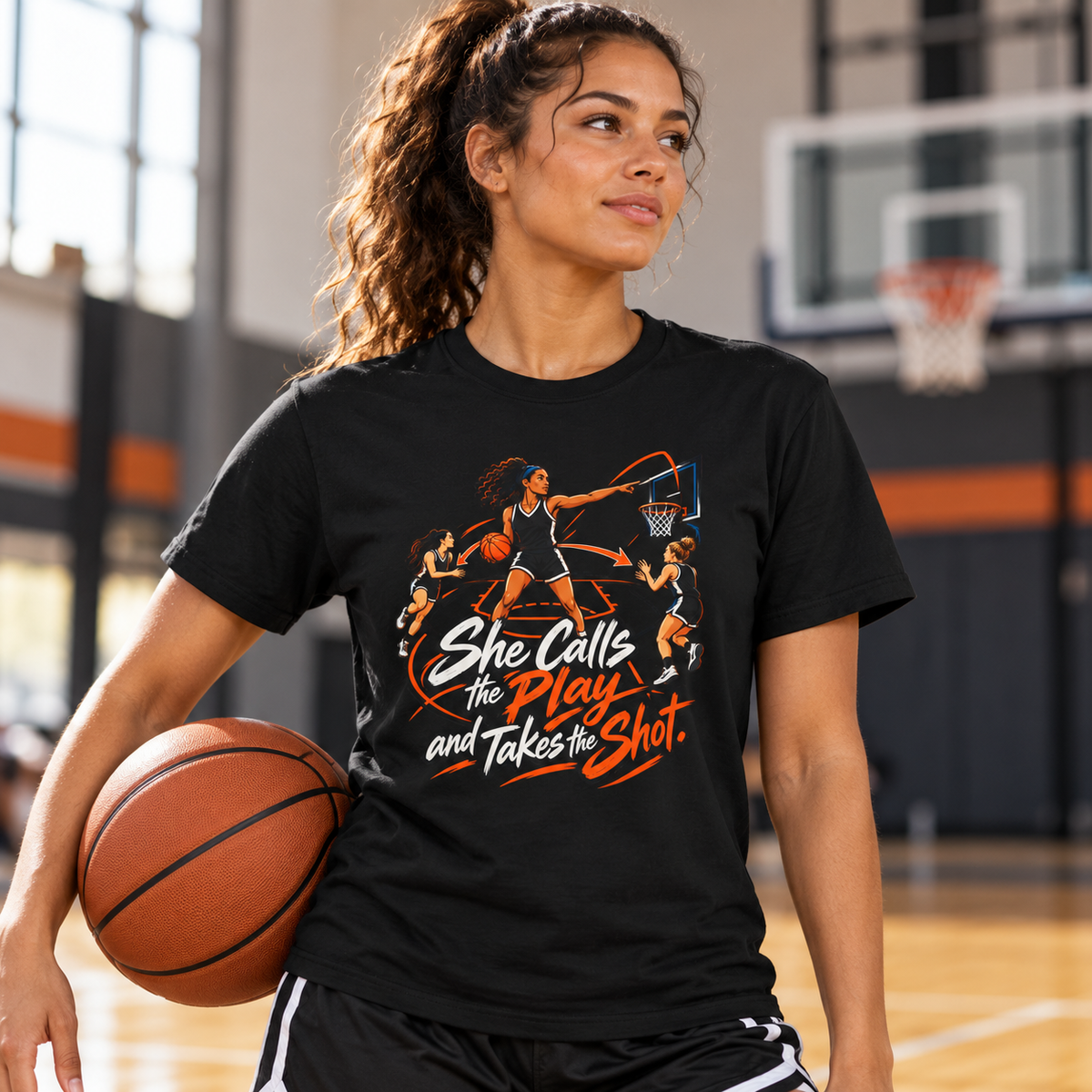 Female lifestyle mockup — She Calls the Play and Takes the Shot T-Shirt
