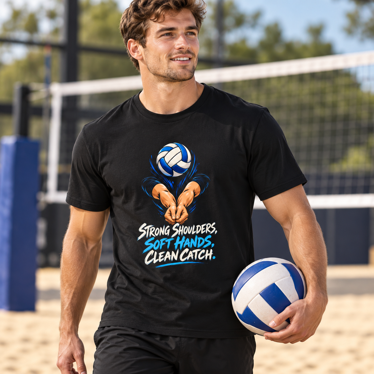 Male lifestyle mockup — Strong Shoulders Soft Hands Clean Catch T-Shirt