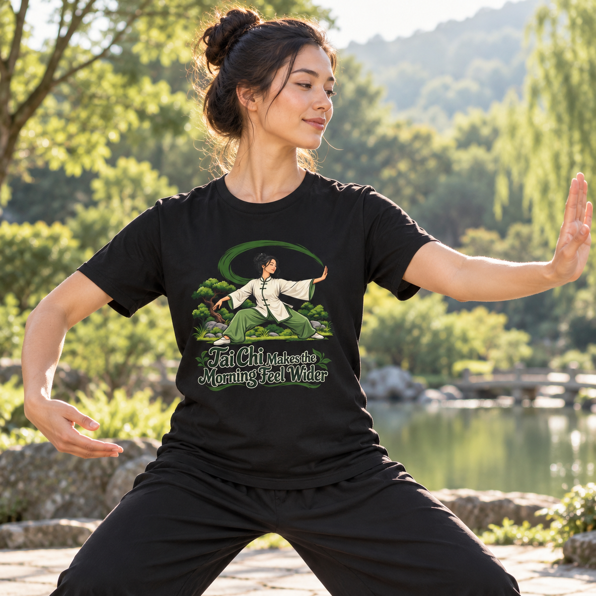Female lifestyle mockup — Tai Chi Makes the Morning Feel Wider T-Shirt