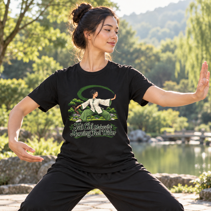 Female lifestyle mockup — Tai Chi Makes the Morning Feel Wider T-Shirt