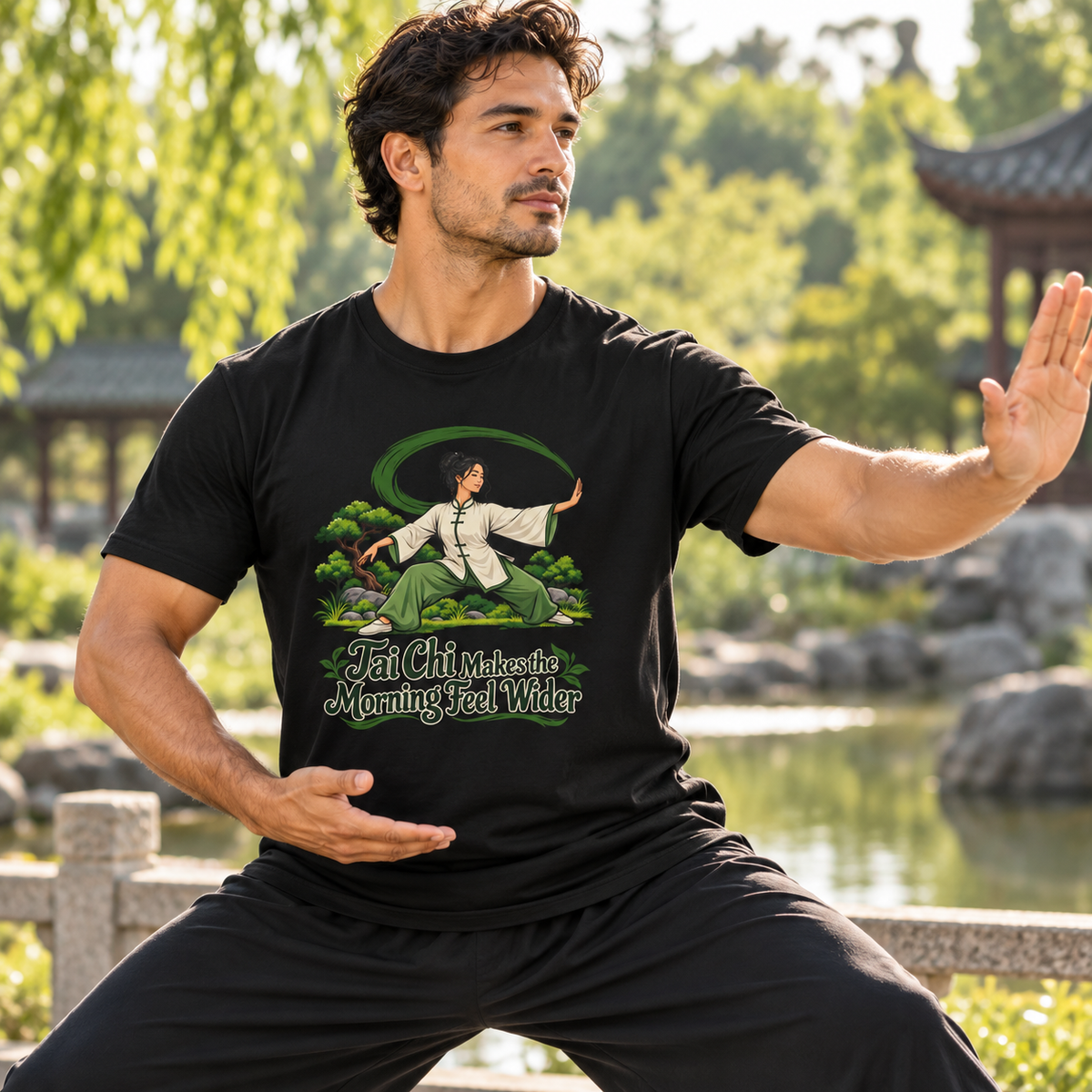 Male lifestyle mockup — Tai Chi Makes the Morning Feel Wider T-Shirt