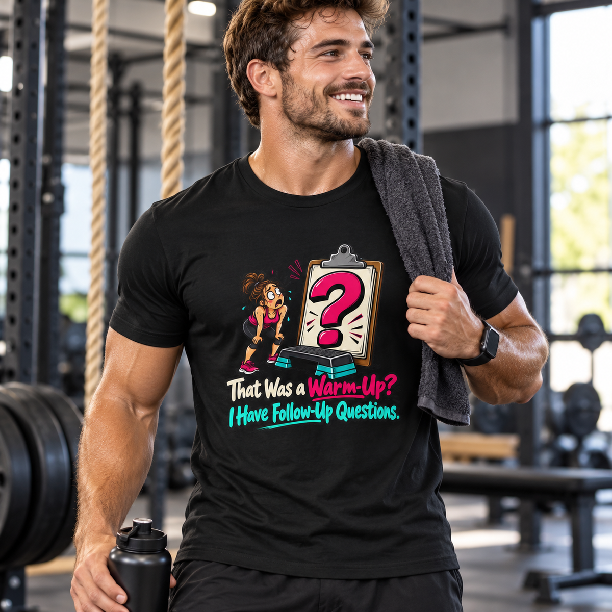 Male lifestyle mockup — That Was a Warm-Up I Have Follow-Up Questions T-Shirt