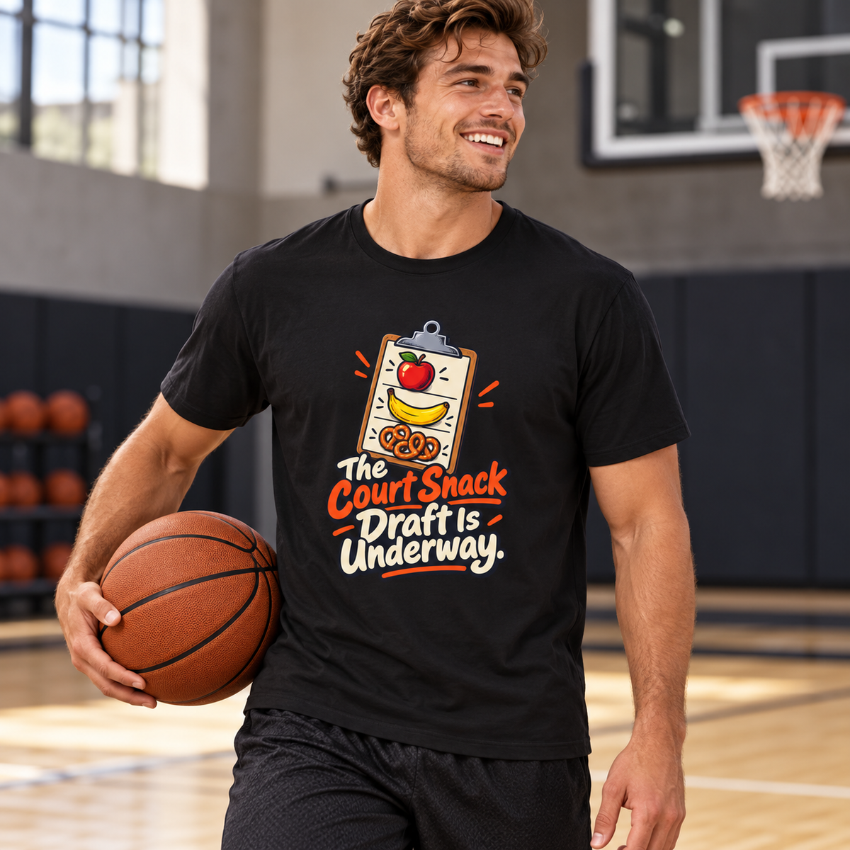 Male lifestyle mockup — The Court Snack Draft Is Underway T-Shirt