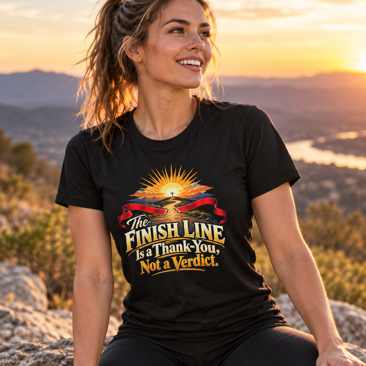 Female lifestyle mockup — The Finish Line Is a Thank-You Not a Verdict T-Shirt