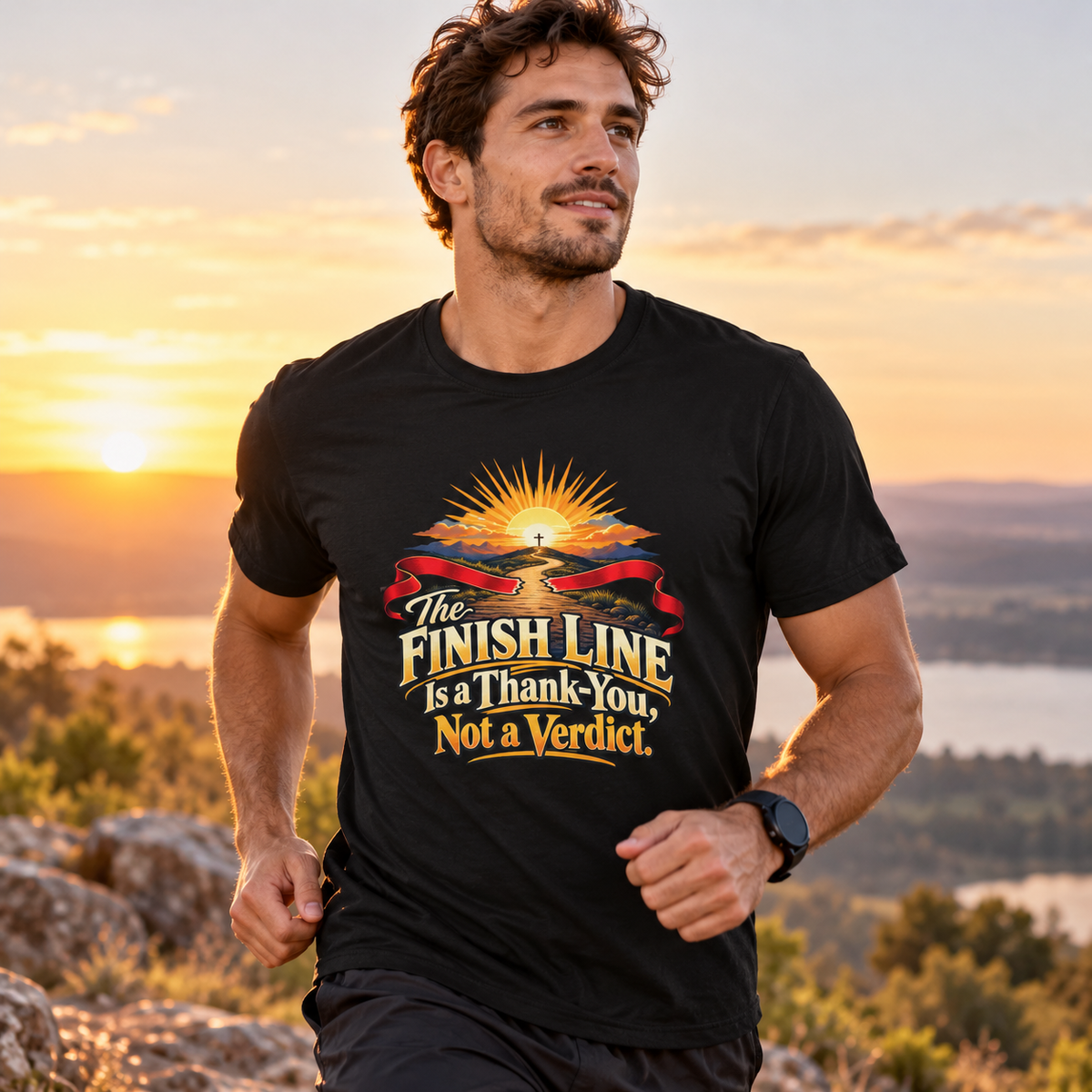 Male lifestyle mockup — The Finish Line Is a Thank-You Not a Verdict T-Shirt