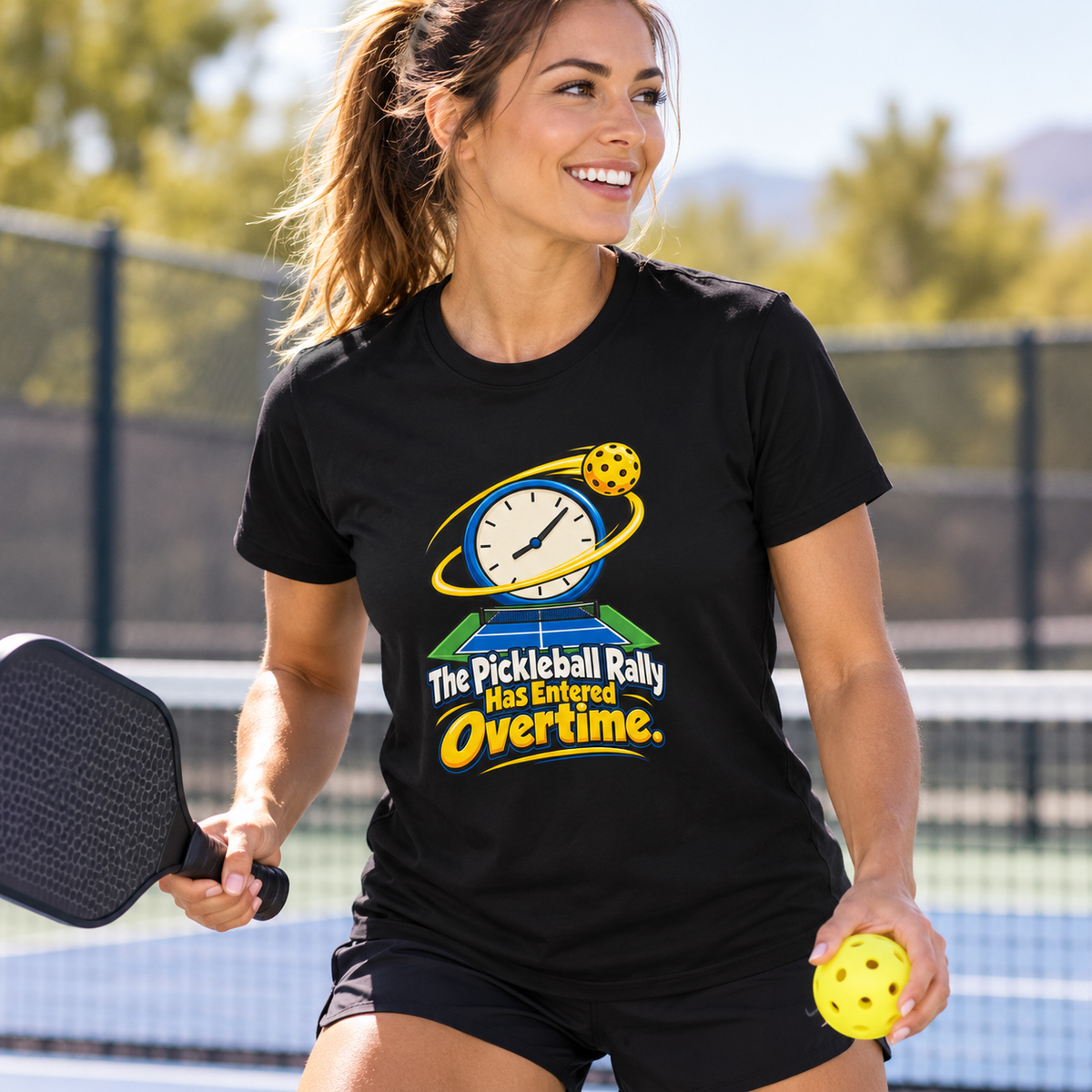 Female lifestyle mockup — The Pickleball Rally Has Entered Overtime T-Shirt