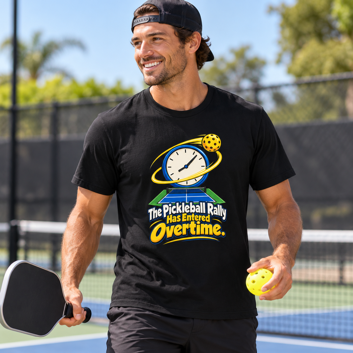 Male lifestyle mockup — The Pickleball Rally Has Entered Overtime T-Shirt