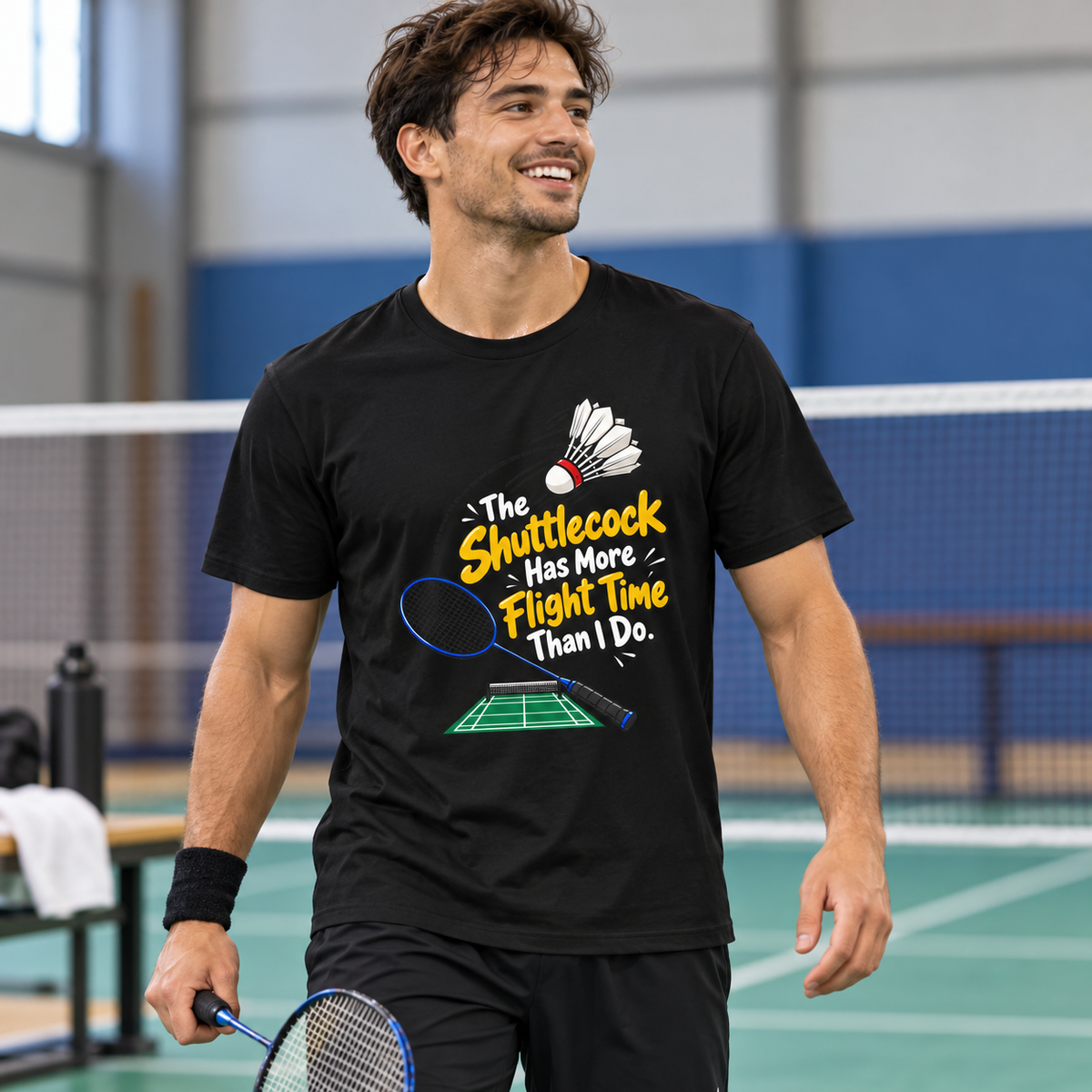 Male lifestyle mockup — The Shuttlecock Has More Flight Time Than I Do T-Shirt