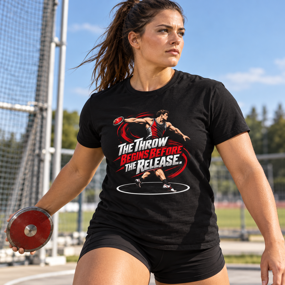 Female lifestyle mockup — The Throw Begins Before the Release T-Shirt
