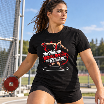 Female lifestyle mockup — The Throw Begins Before the Release T-Shirt