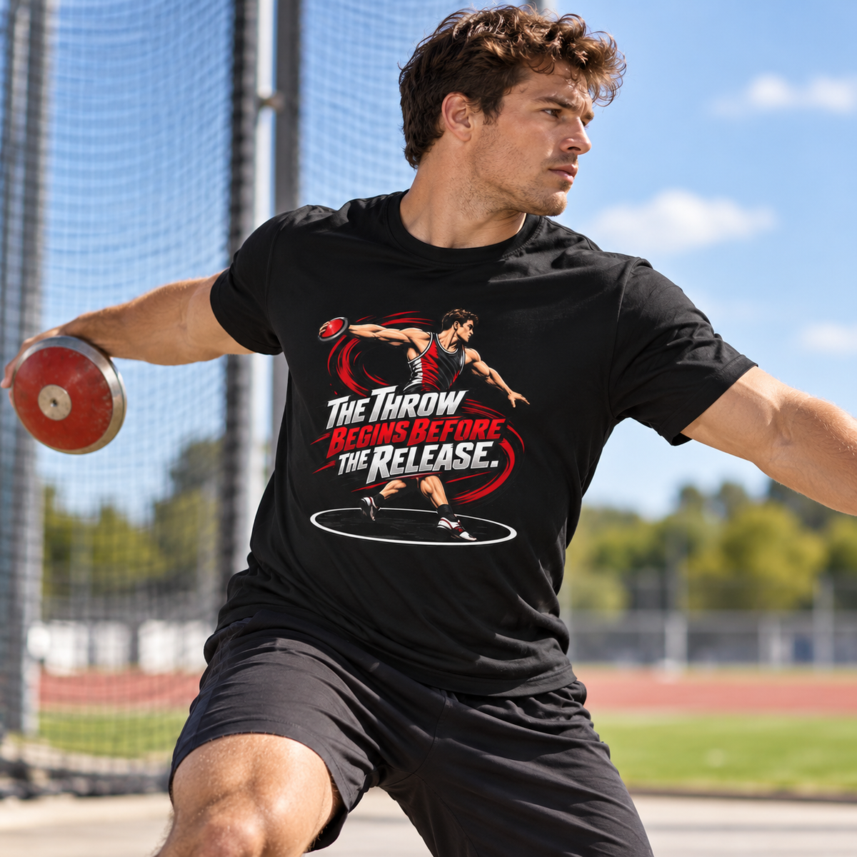 Male lifestyle mockup — The Throw Begins Before the Release T-Shirt