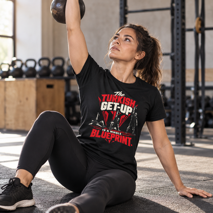 Female lifestyle mockup — The Turkish Get-Up Is a Whole Blueprint T-Shirt