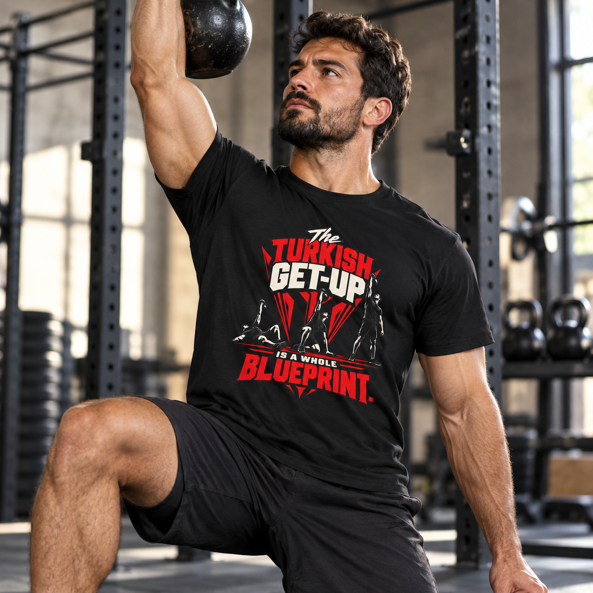 Male lifestyle mockup — The Turkish Get-Up Is a Whole Blueprint T-Shirt