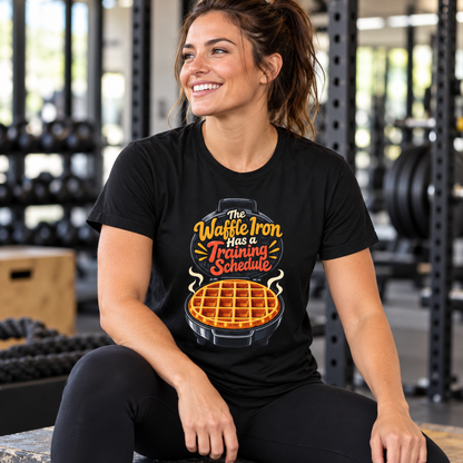 Female lifestyle mockup — The Waffle Iron Has a Training Schedule T-Shirt