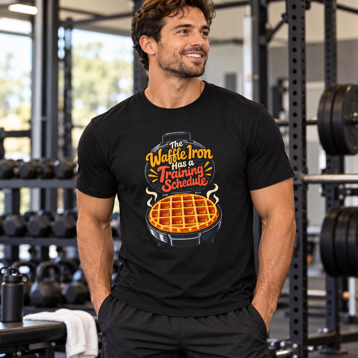 Male lifestyle mockup — The Waffle Iron Has a Training Schedule T-Shirt