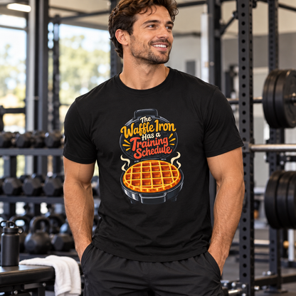 Male lifestyle mockup — The Waffle Iron Has a Training Schedule T-Shirt