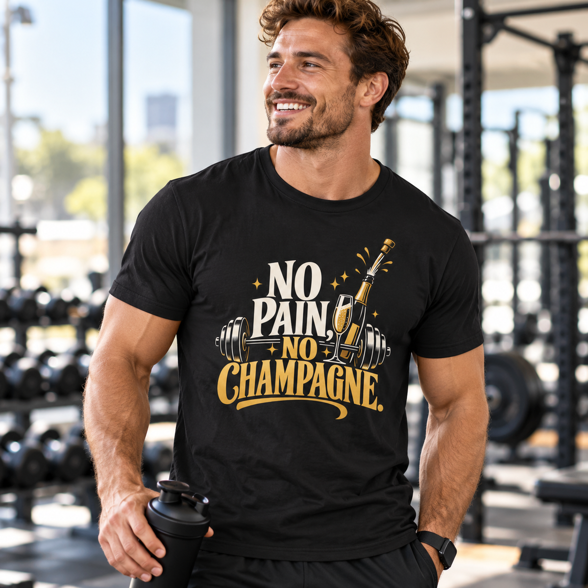 Male lifestyle mockup — No Pain, No Champagne