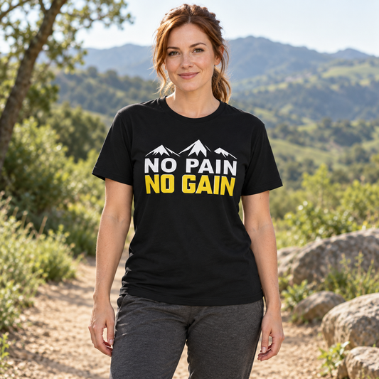 Woman wearing a black No Pain No Gain graphic T-shirt on an outdoor trail with green hills.