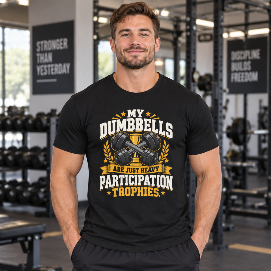 Lifestyle mockup of the Heavy Participation Trophies fitness tee on a male athlete.