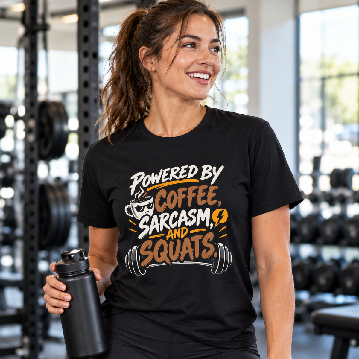 Female lifestyle mockup — Powered by Coffee, Sarcasm and Squats