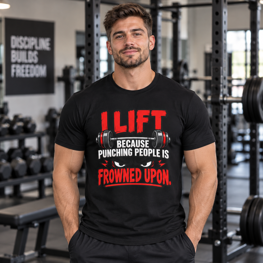 Lifestyle mockup of the I Lift Because Punching People Is Frowned Upon fitness tee on a male athlete.