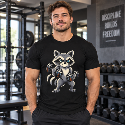 Lifestyle mockup of the Muscular Raccoon fitness tee on a male athlete.