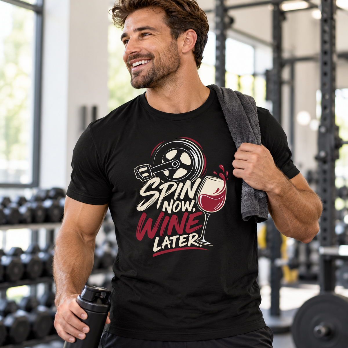 Male lifestyle mockup — Spin Now, Wine Later