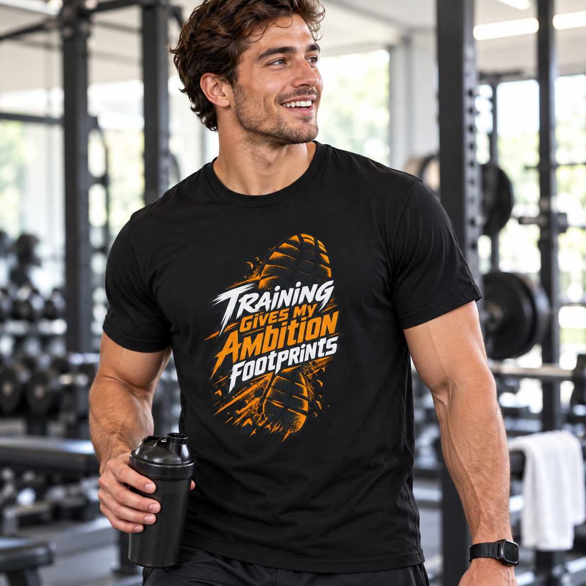 Male lifestyle mockup — Training Gives My Ambition Footprints