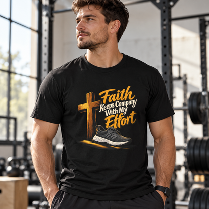Female lifestyle mockup — Faith Keeps Company with My Effort T-Shirt