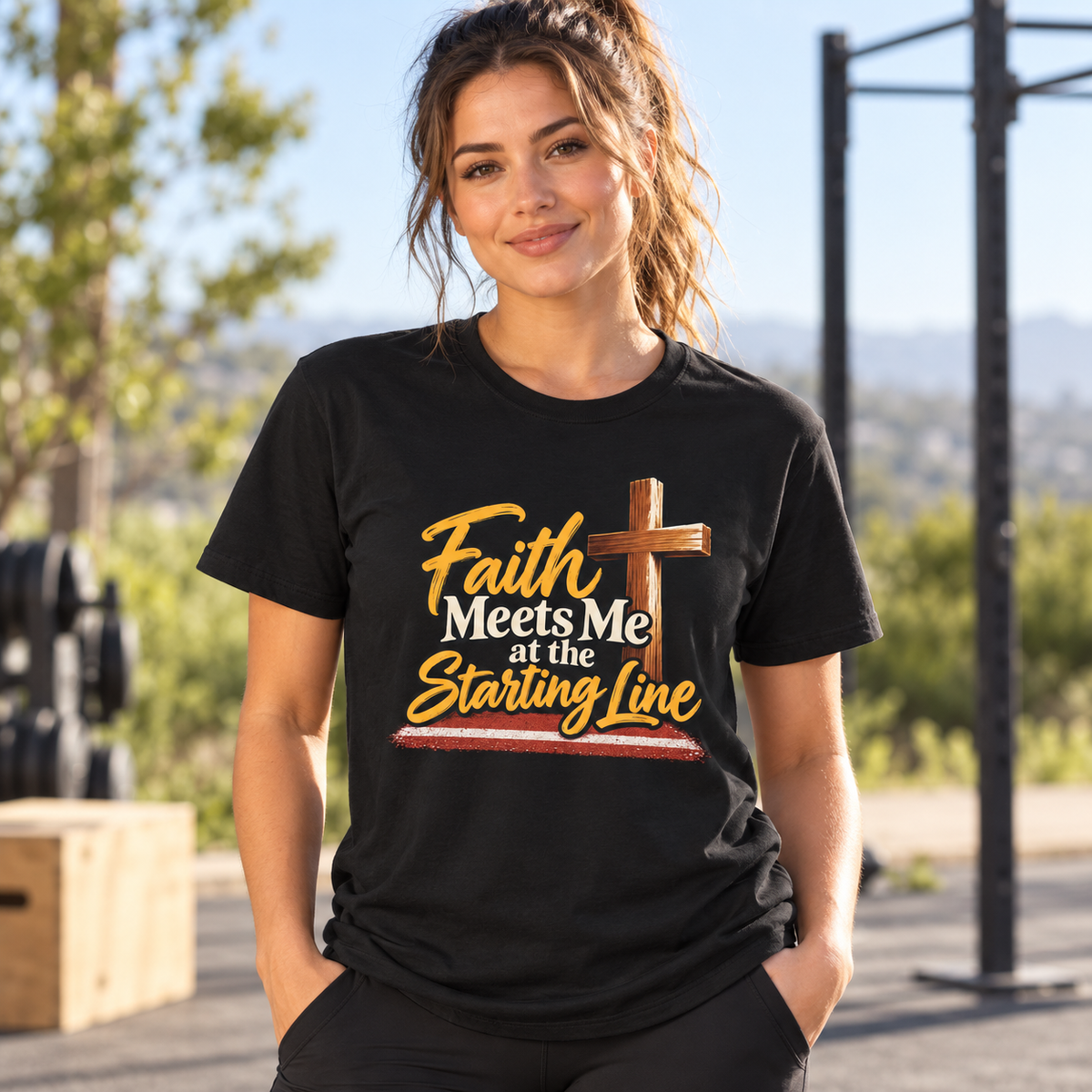 Female lifestyle mockup — faith meets me at the starting line