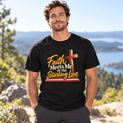 Male lifestyle mockup — faith meets me at the starting line