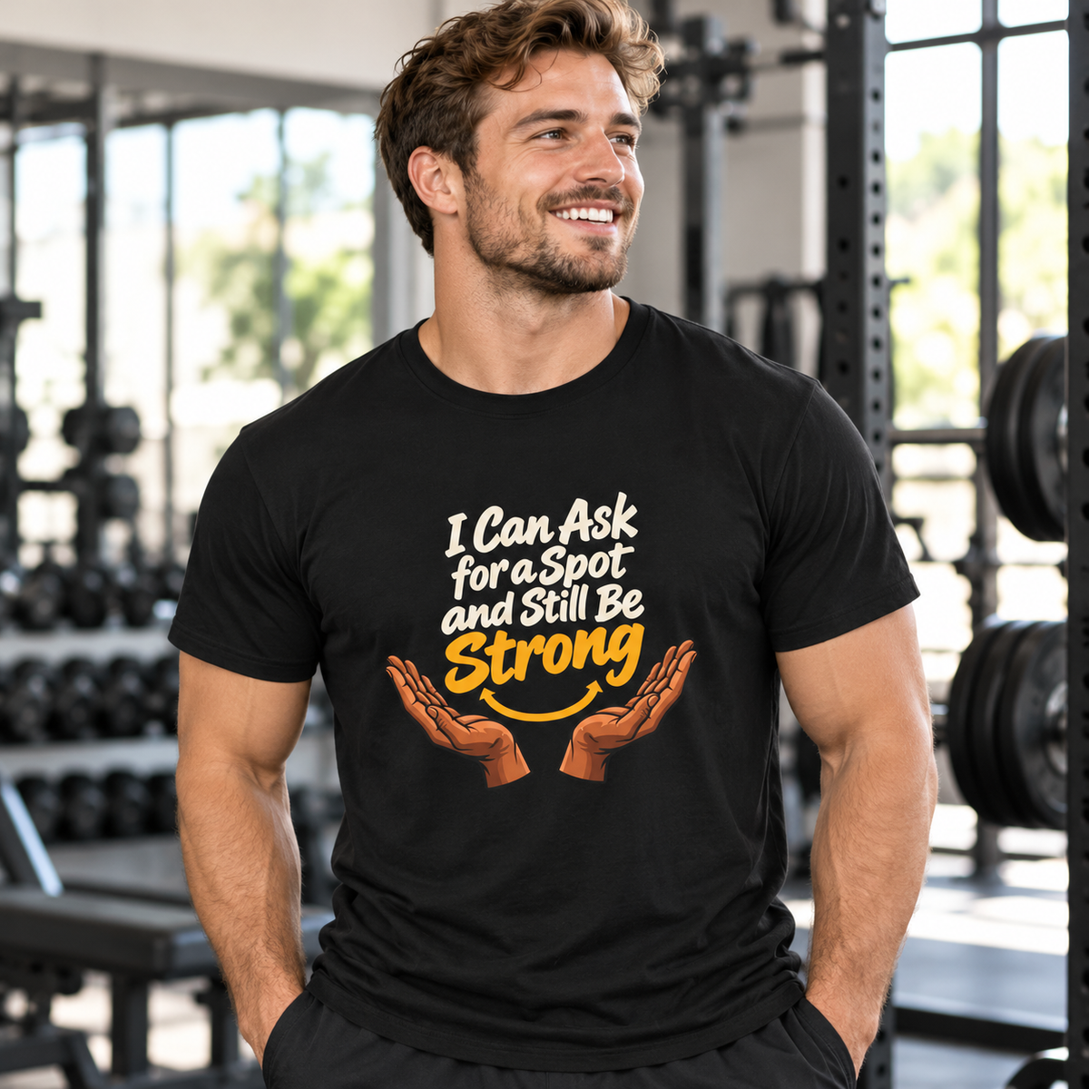 Female lifestyle mockup — Faith Is in My Team Huddle T-Shirt