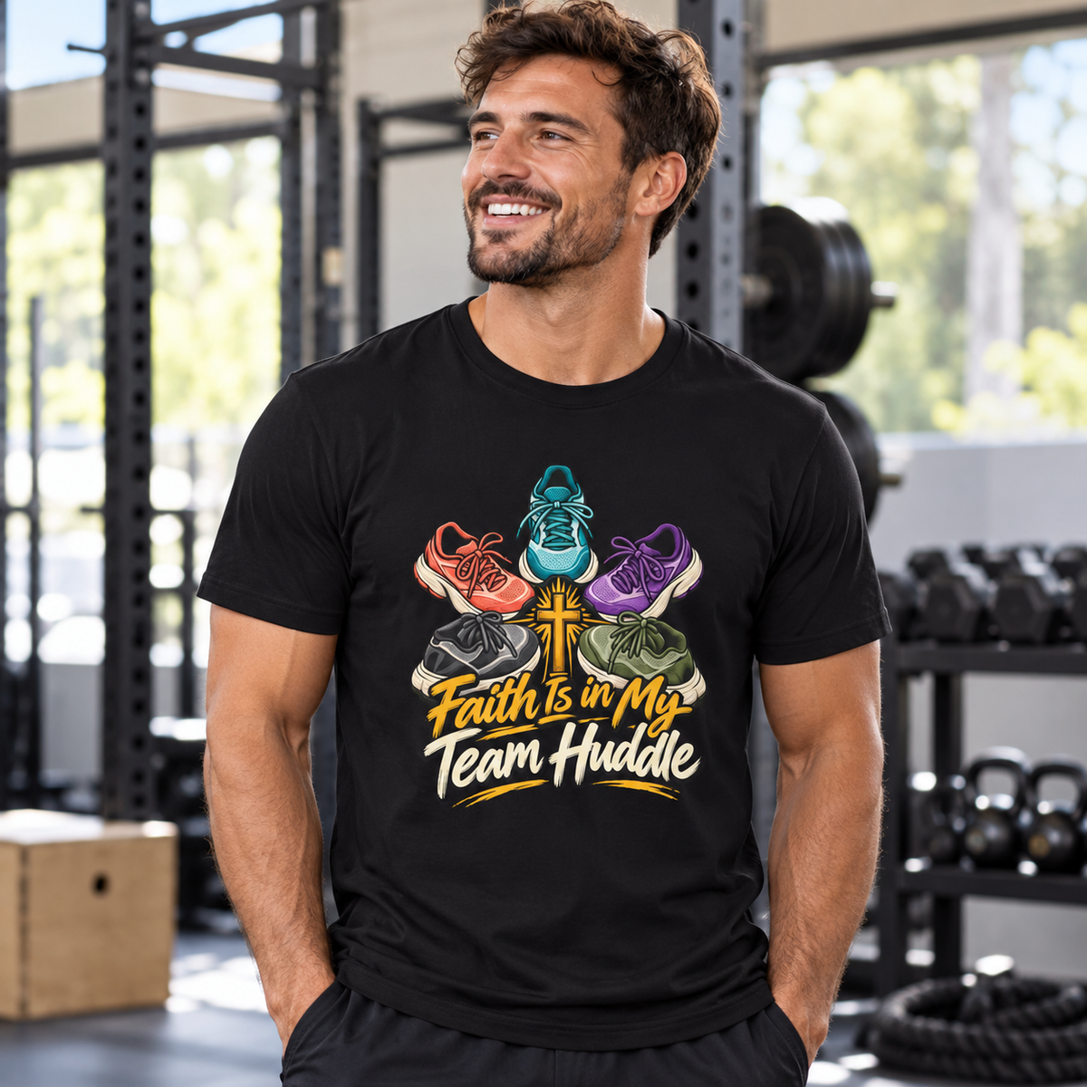 Male lifestyle mockup — Faith Is in My Team Huddle T-Shirt