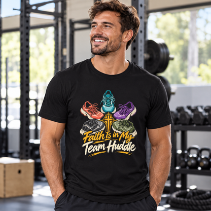 Male lifestyle mockup — Faith Is in My Team Huddle T-Shirt