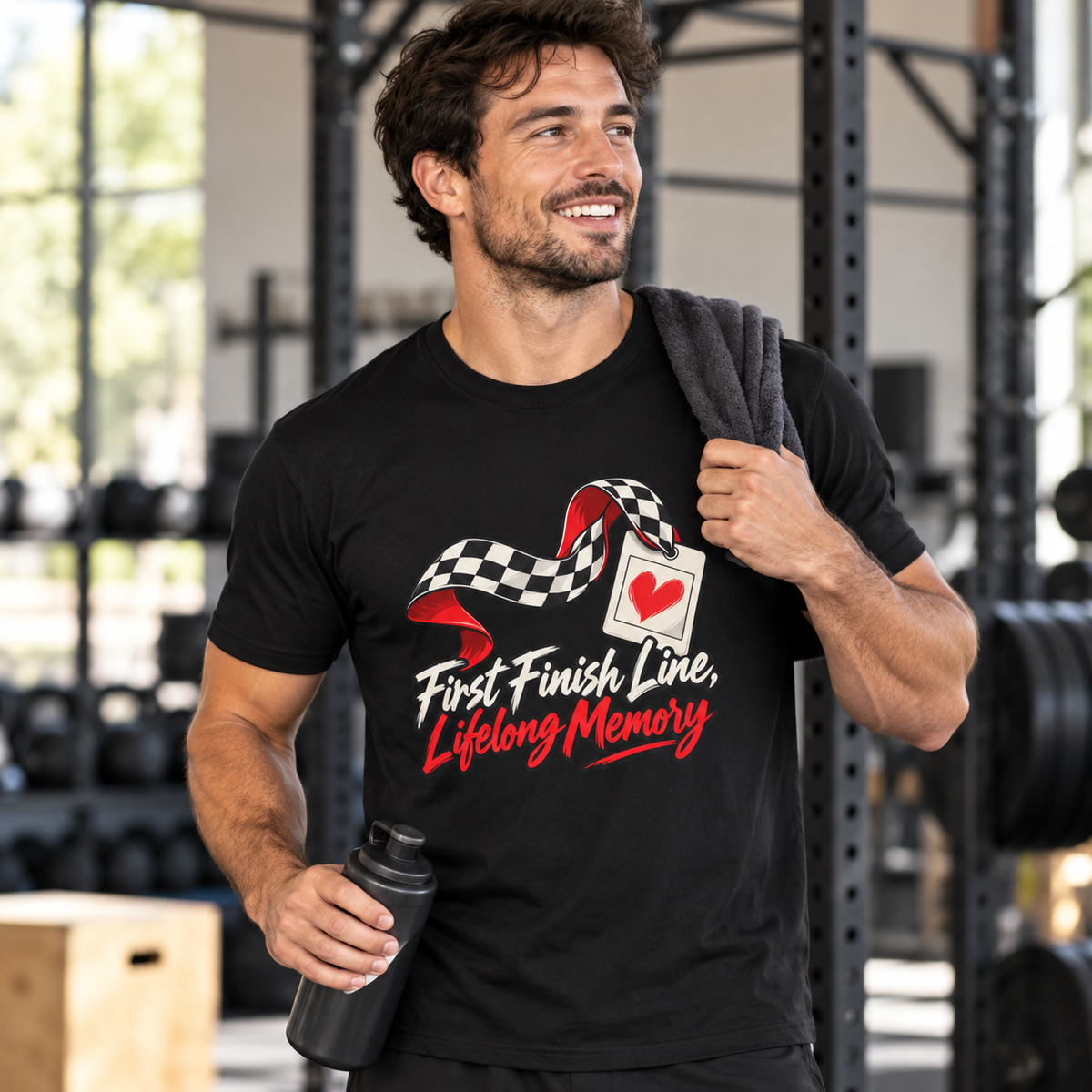 Female lifestyle mockup — First Finish Line Lifelong Memory T-Shirt