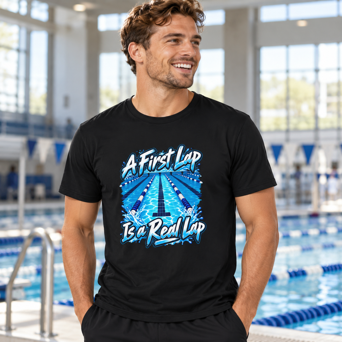 Male lifestyle mockup — A First Lap Is a Real Lap T-Shirt