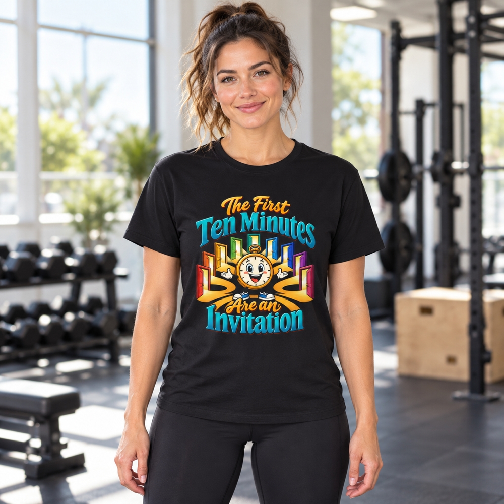 Female lifestyle mockup — The First Ten Minutes Are an Invitation T-Shirt