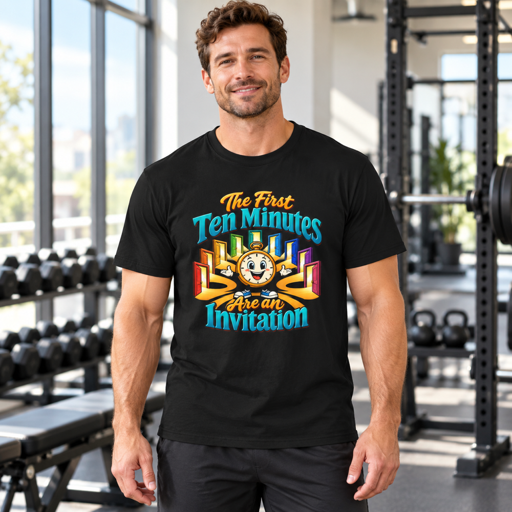 Male lifestyle mockup — The First Ten Minutes Are an Invitation T-Shirt