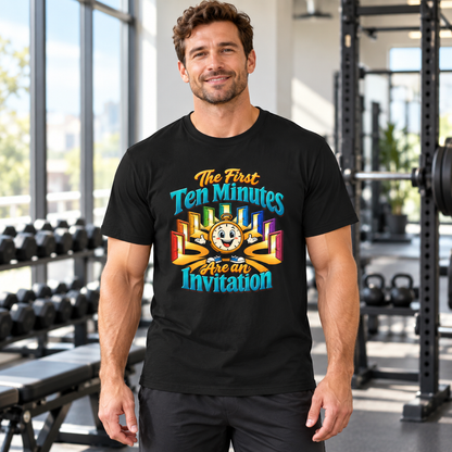 Male lifestyle mockup — The First Ten Minutes Are an Invitation T-Shirt